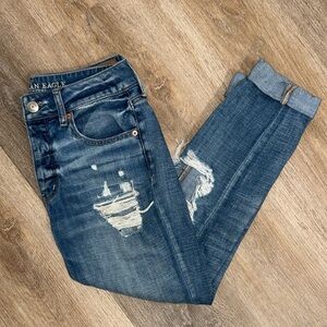 American Eagle Women's Dark Blue Distressed Mom Jeans